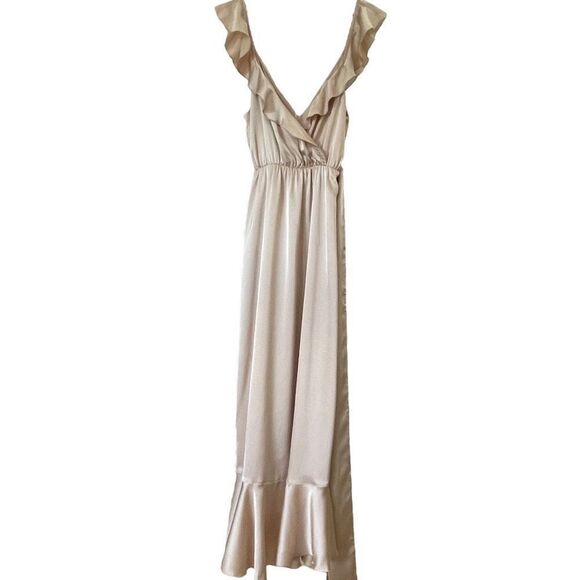 Show Me Your Mumu Samantha Ruffle Wrap Dress in Champagne Luxe Satin NEW Small - Picture 9 of 16
